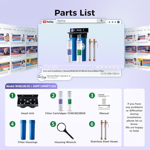 iSpring WGB22B-DS+AHPF12MNPT16X2 2-Stage Whole House Water Filter System w/ 3/4'' Push-Fit Braided Stainless Steel Hose Connectors, Reduces Scale, Corrosion, Chlorine, Taste, Odor - Image 6