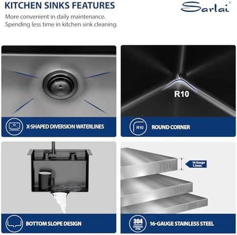 Sarlai Black Outdoor Sink, 15x17 Inch Undermount Kitchen Sink Workstation with Foldable Faucet Bar Prep Single Bowl Gunmetal Black 16 Gauge Stainless Steel Sinks with Cover,BBQ Sinks Outside - Image 6