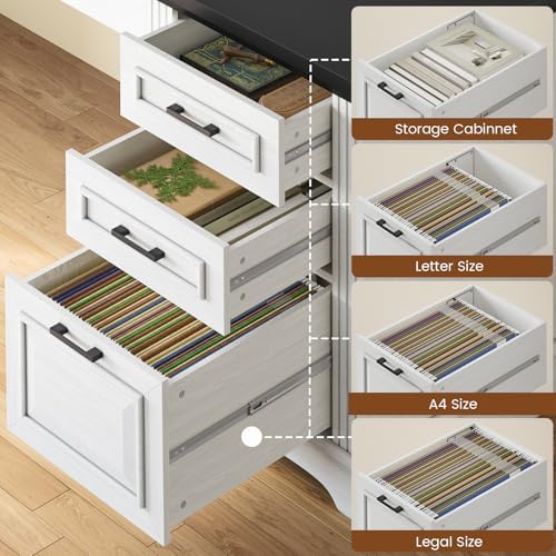 Itaar Farmhouse Executive L Shaped Desk, Home Office Desk with File Drawer and Power Outlet, Computer Corner Desk with Drawers and Storage Cabinet, Workstation for Office Home, White - Image 4