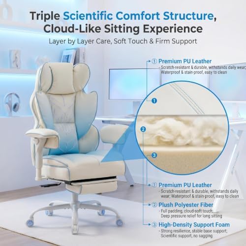 Big and Tall Gaming Office Chair 400lbs - Heavy Duty Ergonomic Computer Desk Chair with Footrest, Adjustable Armrests, High Back PU Leather with Racing Style （White/Blue） - Image 4