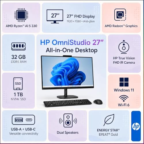 HP OmniStudio 27" FHD All-in-One Desktop for Home Office, 32GB DDR5, 1TB SSD, AMD Ryzen AI 5 330 AI-Enhanced CPU, Multi-cores, Up to 4.5GHz | True Vision FHD Camera, WiFi 6, 20Gbps USB-C Ports - Image 2
