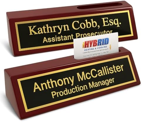 Personalized Desk Name Plate with Business Card Holder Slot, Metal Engraved (Rosewood w/Business Card Holder) by GriffcoSupply