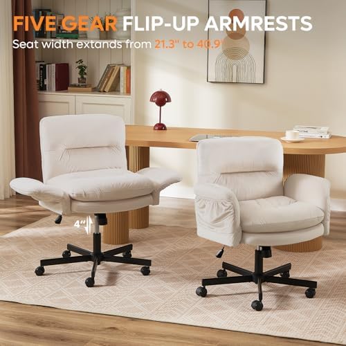 Bestier Criss Cross Office Chair with Flip-Up Arms, Beige Velvet Desk Chair - Image 4