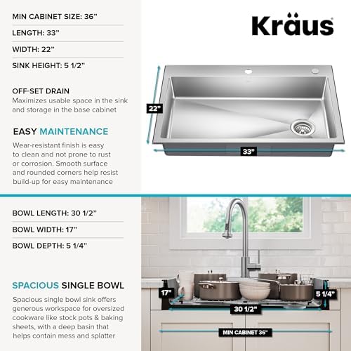 KRAUS Fairlane 33-inch ADA Compliant Drop In/Top Mount Single Bowl 18-Gauge Stainless Steel Kitchen Sink, KHT640-33-5.5 - Image 5