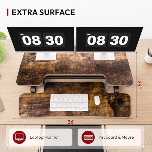 SANODESK 36" Standing Desk Converter, Height Adjustable Sit-Stand Computer Riser, Dual Monitor Workstation with Keyboard Tray, Ergonomic Tabletop, Rustic Brown - Image 6