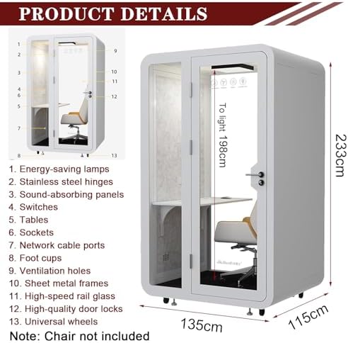Mobile Sound Proof Booth, Mobile Office Pod Booth Meeting Room, Movable Portable Sound Booths, with LED Lighting System, Wheels, USB Ports, for Workspace Home - Image 6