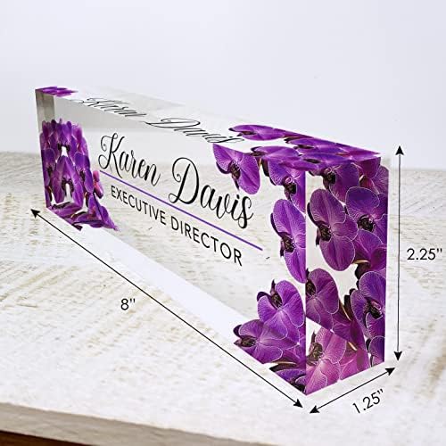 Artblox Office Desk Name Plate Personalized | Custom Name Plates for Desks | Purple Orchid Design On Clear Acrylic Glass | Office Desk Decor - (8" x 2.5") - Image 3