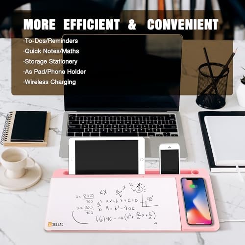 SELEAD Desktop Glass Whiteboard with Wireless Charger and Mirror, Pink - Image 4