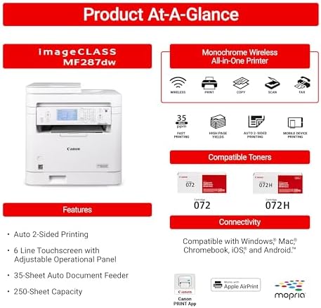 Canon imageCLASS MF287dw - Monochrome, Duplex, Wireless Laser Printer, All-in-One Print, Copy, Scan, Fax, Auto Document Feeder, 1 Year Limited Warranty, 35 PPM, White - Image 3