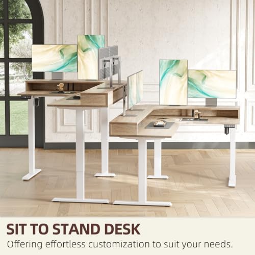 TIQLAB 63'' L-Shaped Standing Desk with LED Light Strip and Power Outlet, Height Adjustable Corner Table with Ergonomic Monitor Stand, Maple - Image 6