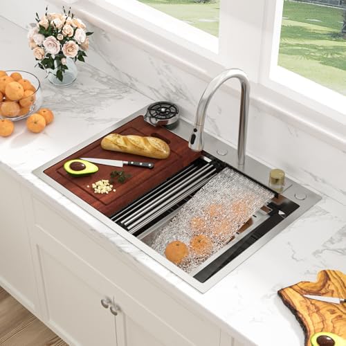 Sarlai 28 Inch Waterfall Kitchen Sink Drop In - 28x22 Waterfall Drop Workstation Stainless Steel 16 Gauge Multifunction Single Bowl Smart Top Mount Kitchen Sink with Faucet Combo by Sarlai
