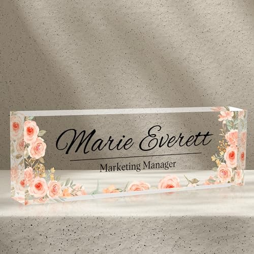 Personalized Name Plate for Desk - Office Gifts for Teacher, Boss, Employee Appreciation - Desk Decor (Blooming) by AZUFEMOS