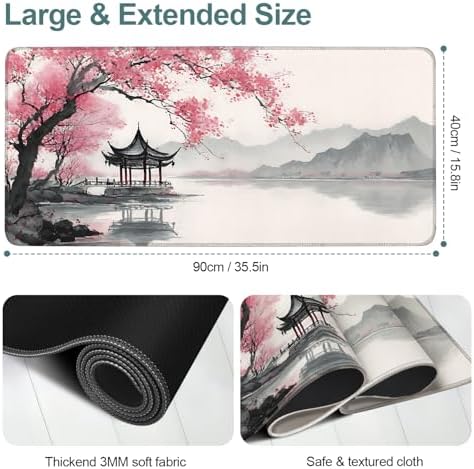 Japanese Cherry Blossoms Gaming Mouse Pad 35.4"x15.7" Large Extended Pad Desk Mat Anti-Slip Rubber Base & Durable Stitched Edges for Gamers Smooth Mouse Pad Writing Surface for Desk Office/Home - Image 2