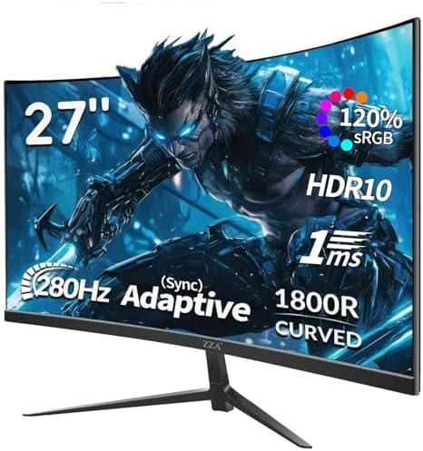 ZZA 27 Inch Gaming Monitor 280Hz/240Hz FHD 1080P,Curved Monitor 1800R VA Screen,Monitor 27 Inch 4000:1 120% sRGB,1Ms,AMD FreeSync,HDR,Low Blue Light,HDMI DP,VESA Support, DP Cable Incl by ZZA