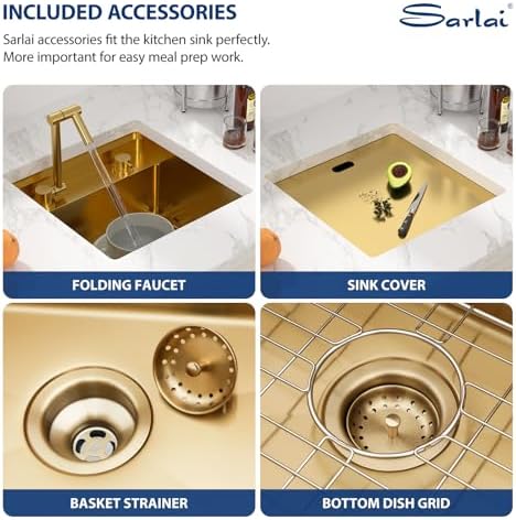 Sarlai Undermount Bar Sink - 18 Inch Gold Undermount Kitchen Sink Workstation with Foldable Faucet 18x18 Inch Outdoor Bar Prep Single Bowl Gold Sinks 16 Gauge Stainless Steel BBQ Basin with Cover - Image 7