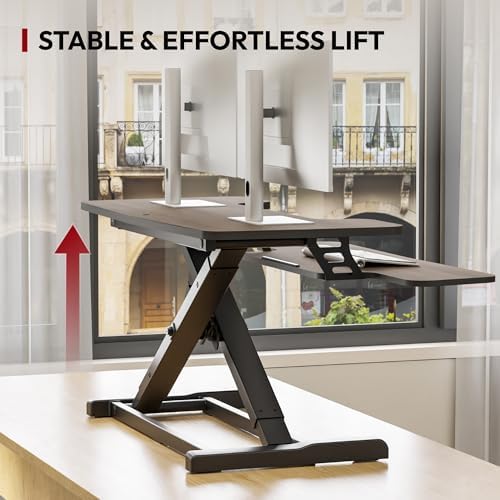 SANODESK 36" Standing Desk Converter, Smooth Mechanical Spring Effortless Lift Sit-Stand Riser for Dual Monitors, Heavy Duty Workstation with Keyboard Tray, Walnut - Image 5
