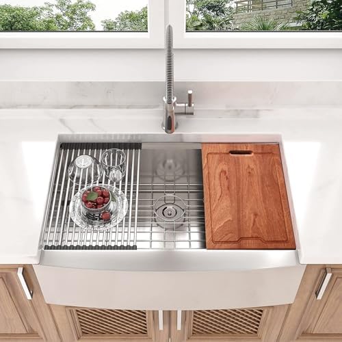 Lordear 33 Farmhouse Sink Stainless Steel Apron Front Ledge Workstation Deep Single Bowl 16 Gauge Stainless Steel Kitchen Farm Kitchen Sinks with Accessories, 9" Apron Height - Image 3