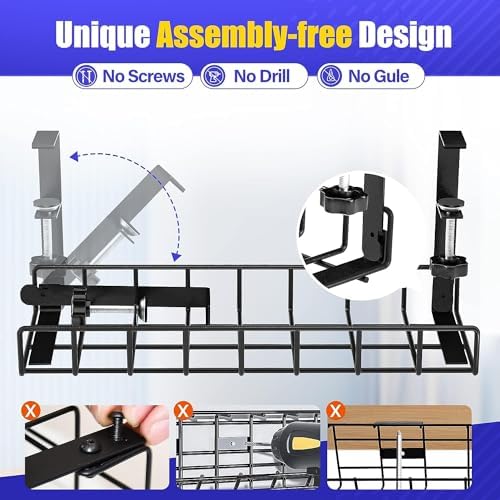 Under Desk Cable Management Tray, Xpatee Upgraded Wire Management No Drill No Screws, Cable Tray with Clamp for Wire Organizers, Computer Cord Rack for Office, Home - No Damage to Desk Black - Image 2
