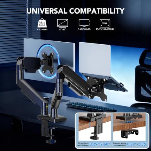 Dual Monitor Stand, Adjustable Monitor Desk Mount for 17″–32″ Computer Screens, Full Motion VESA 75x75/100x100 with C-Clamp & Grommet Aluminum Base, Each Arm Holds 4.4 to 20 lbs AX09DB201 - Image 2