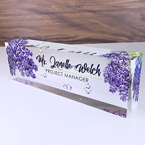 Artblox Personalized Name Plate for Desk | Lavender Design On Clear Acrylic Glass | Custom Desk Name Plate Personalized with Your Name and Credentials for Teacher Phd Military Office Name Plate by Artblox