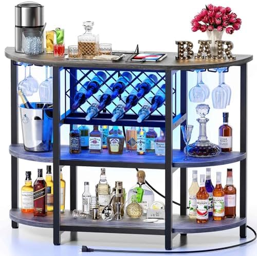 Zarler Bar Cart with Power Outlet Easy to Assemble, LED Home Bar Cabinet for Liquor, 47.3" L x 15.8" D x 36" H Metal Mini Bar Table with 4-Tier Storage, Grey by ZarlerOfficial