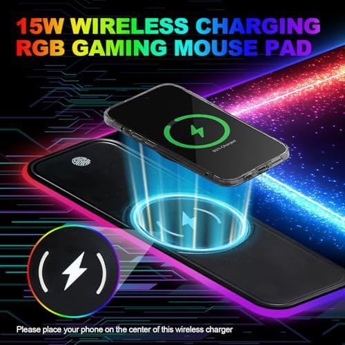 Wireless Charging RGB Gaming Mouse Pad, 31.5 x 11.8 Inch Extended Mouse Mat with Rainbow LED Edge Design, Desk Pad with 7 Lighting Modes, Non-Slip Base for Gaming & Office - Image 6