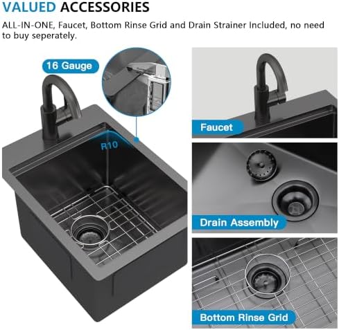 14"x19" Black Bar Prep Sink Drop In Workstation with Faucet Combo - Image 7