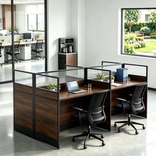 4-Person Office Cubicle Workstation Desk with Mute Privacy Panels & Cable Management, Computer Cubicles Desk for Home & Commercial Office Use, Walnut Finish by Unknown