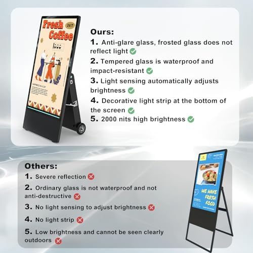 43 Inch Outdoor Digital Signage A-Frame Displays, Rechargeable Digital LCD Kiosks, Moveable Commercial Totem, IP65 Waterproof, Auto Adjustment 2000nits High Brightness Screen, High Capacity Battery for Restaurant/Bar/Food Truck/Store - Image 4