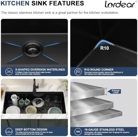 Lordear 39 Inch Black Undermount Kitchen Sink Workstation SUS304 16 Gauge - Image 6