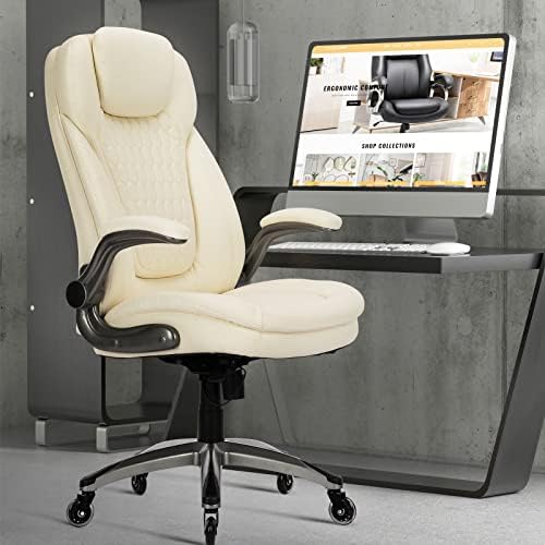 COLAMY Ergonomic Office Chair, Set of 2 Boxes, High Back Leather Desk Chair with Flip-up Arms, Adjustable Height & Rocking Function, Silent Wheels, Ivory Executive Computer Chair, 300lbs Capacity - Image 2