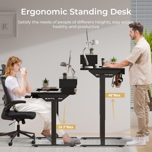 GTPLAYER Electric Standing Desk with Drawers, 55 x 24 Inch Height Adjustable Gaming Desk with Monitor Stand, Power Outlets & LED Lights, Home Office Sit Stand Up Desk with Memory Preset (Ebony Black) - Image 3