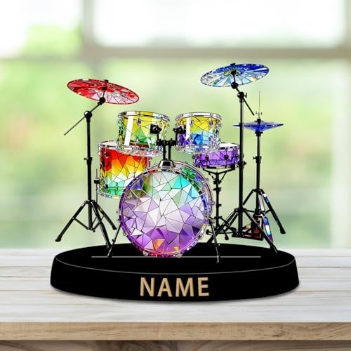 Personalized Acrylic Drum Set Decoration - Stained Glass Style Colorful Figurine with Custom Name Plate, Music Desktop Ornament Gifts for Drummers Music Bands Percussion Lovers - Image 2