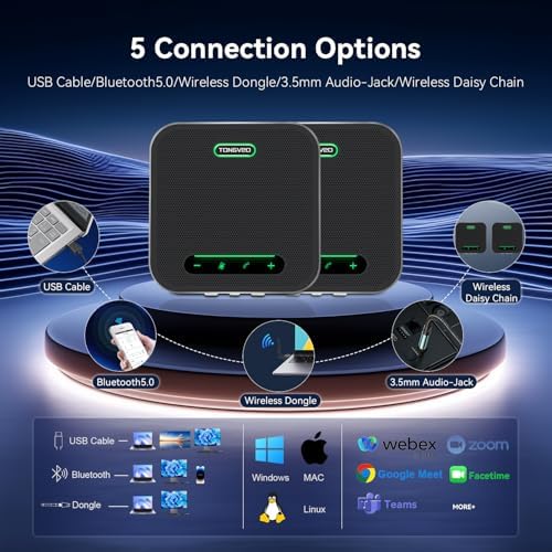 Wireless Conference Speaker and Microphone, 2-in-1 Daisy Chain Bluetooth Speakerphone with 4 Mics Arrays and 360° Voice Pickup and Noise Reduction,Bluetooth/USB/Dongle connection Methods for 30 People - Image 5