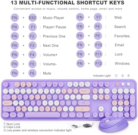 SkyGive Wireless Keyboard and Mouse Combo, Ergonomic Full Size Typewriter Retro Round Keycaps Keyboard, Compatible with Windows, PC, Perfer for Home and Office Keyboards (Lavender Purple - Image 4
