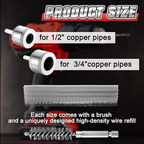 1/2"&3/4" Copper Pipe Cleaner for Drill with 1/4" Hex Shank & Brush Blades & Metal Pipe Cleaning Brush, Tube Thread Cleaner, Plumbing Tools for Plumber Removing Rust, HVAC Stain Removal(2 Piece) - Image 2