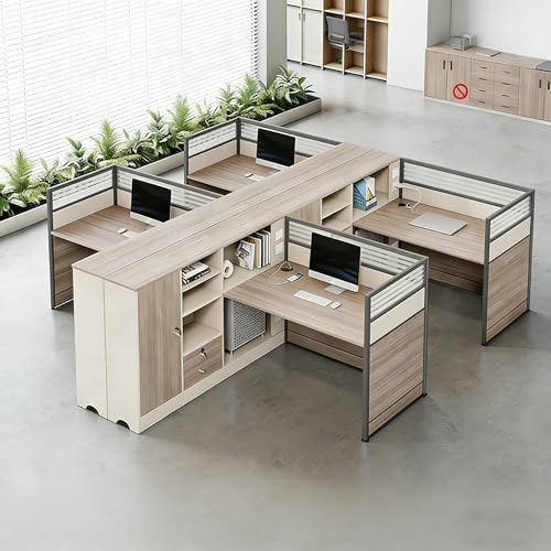 Modern Office Cubicle Workstation Desk with Tempered Glass Privacy Panels, USB Charging Hub & Cable Management,Multi-Person Modular Computer Desk for Commercial Office (D-Left, Four Person -T) by Unknown