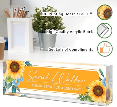 Custom Name Plate for Desk - Desk Name Plate Personalized - Office Desk Accessories - Employee Teacher Appreciation Gifts for Coworkers - Acrylic Sunflowers Office Desk Decor - Office Gifts for Women - Image 3