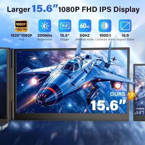 One Cable Connect Laptop Screen Extender Monitor Portable, Ultra Thin 15.6" 1080P FHD Triple Screen, Fit 13-17" Laptop, Plug & Play Compatiable with Win/Mac/Chrome/Android - Image 2