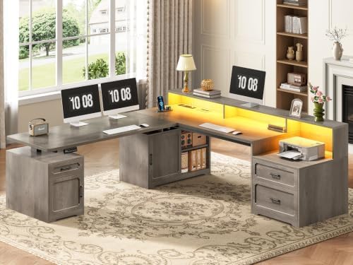SEDETA Farmhouse L Shaped Standing Electric Desk with Storage, Grey by SEDETA