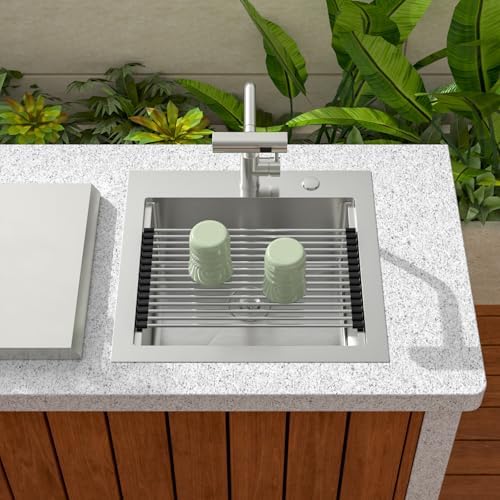 Sarlai Outdoor Sink - 21 x 20 Inch Drop In Workstation Kitchen Sink with Dust Lid and Faucet 16 Gauge Stainless Steel Single Bowl Bar Basin with Cutting Board BBQ Basin Outside - Image 4