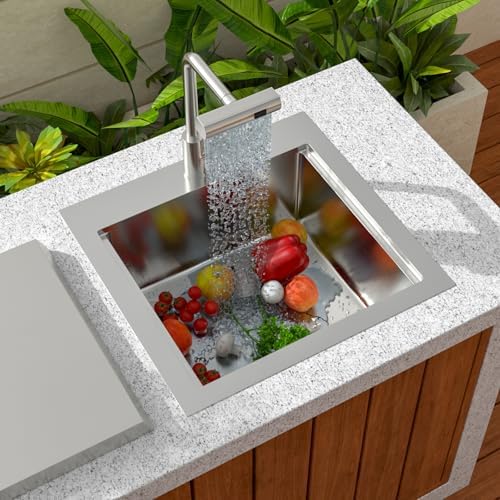 Sarlai Outdoor Sink - 21 x 20 Inch Drop In Workstation Kitchen Sink with Dust Lid and Faucet 16 Gauge Stainless Steel Single Bowl Bar Basin with Cutting Board BBQ Basin Outside - Image 3
