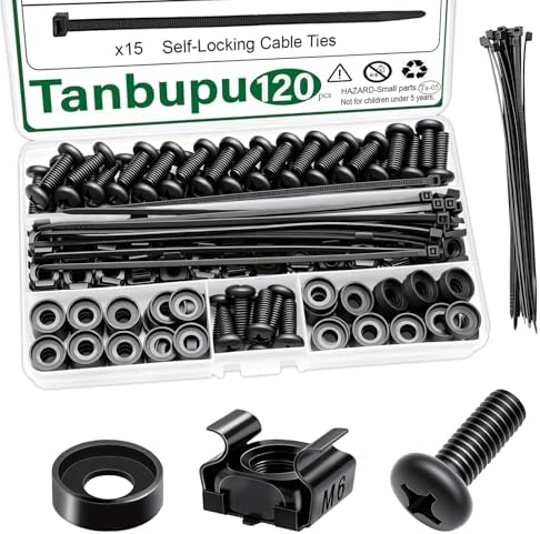 120Pcs M6 x 16mm Rack Mount Cage Nuts, Screws, Washers and Self-Locking Cable Ties, Server Rack Screws and Square Nuts for Rack Mount Server Cabinet, Shelves, Enclosures, Routers by Tanbupu