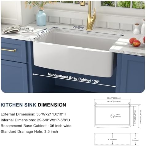 Lordear Farmhouse Sink 33 Inch White Kitchen Sinks Workstation Curved Apron Fireclay Porcelain Ceramic Single Bowl Farmer Sink Farm Sinks 33x21x10 Inch with Gold Accessories - Image 6