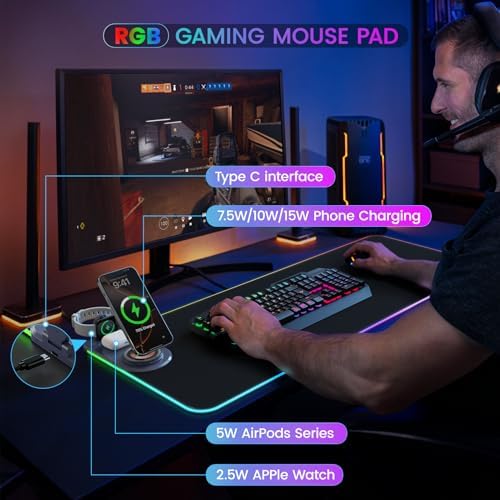 15W Wireless Charging Mouse Pad with Phone Holder&20W Power Adapter, RGB Gaming Mouse Pad, 15 Lights Mode 31.5"x11.8" XXL Large Desk Pad,Ultra-Smooth Surface,Non-Slip Rubber Base - Image 2