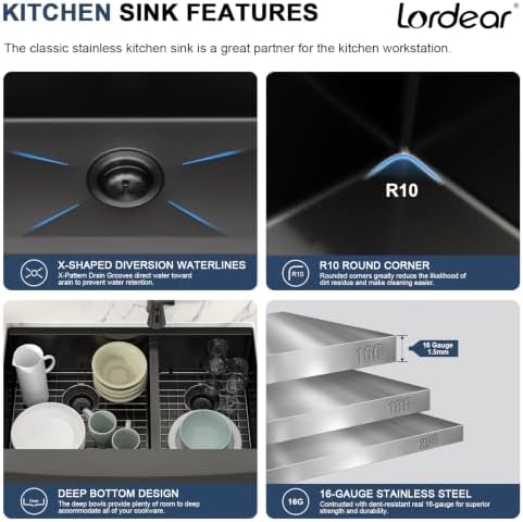 Lordear 33 Inch Kitchen Sink Apront Front Workstation Low Divide Double - Image 3
