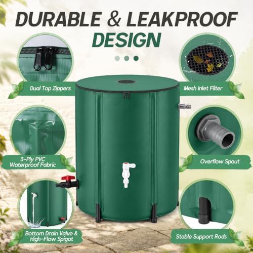 Waydress Collapsible Rain Barrel, Portable Rainwater Collection System with Spigots, Mesh Filter & Overflow Kit, Leak-Proof Foldable PVC Water Storage Tank for Garden, Car Washing(53 Gallon,Green) - Image 3