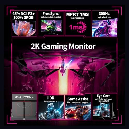 ZZA 32 Inch Curved Gaming Monitor 300Hz, QHD 1440p 2K Computer Monitor, 1ms (GTG) 1500R VA Panel, HDR10, AMD FreeSync Premium, Eye Care, Adjustable Stand, HDMI 2.1 & DP 1.4, for PC PS5 Xbox - Image 2