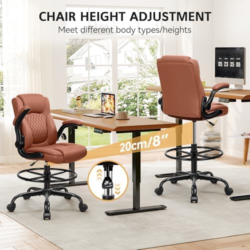 Drafting Chair, Tall Office Chair for Standing Desk, High Executive Leather Ergonomic Computer Chair with Adjustable Height and Flip-Up Armrest for Counter Height Desk, Brown, Pack of 1 - Image 5