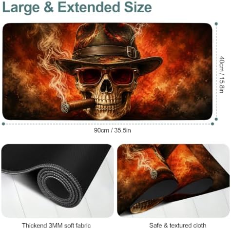 Halloween Smoking Skull Extended Gaming Mouse Pad 35.4"x15.7" Large Extended Pad Desk Mat Anti-Slip Rubber Base & Durable Stitched Edges for Gamers Smooth Mouse Pad Writing Surface - Image 2